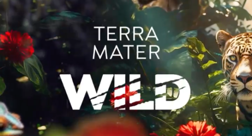 A vibrant jungle scene with bold white text that reads Terra Mater WILD. Lush green leaves and vivid red flowers surround a jaguar, partially visible on the right side, embodying the untamed essence of nature.