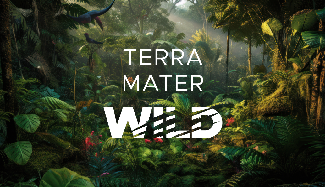 A lush, dense jungle scene with vibrant green foliage and exotic birds. Sunlight filters through the canopy. The words Terra Mater WILD are prominently displayed in bold, white text over the scene.