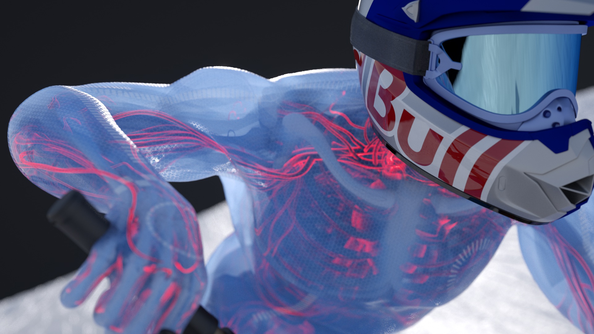 A futuristic human figure with visible muscle and vascular structures is wearing a helmet, gripping handlebars on an insight track. The blue and red colors highlight the anatomy, set against a dark background.