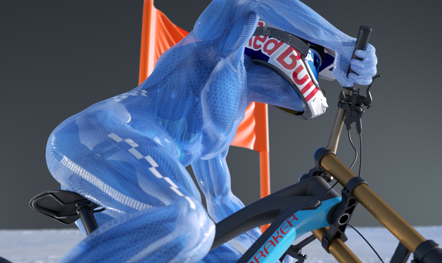 A futuristic cyclist in a transparent suit rides a high-tech mountain bike, gaining insight from the data displayed on their helmet featuring the Red Bull logo. An orange flag tracks their progress in the background.