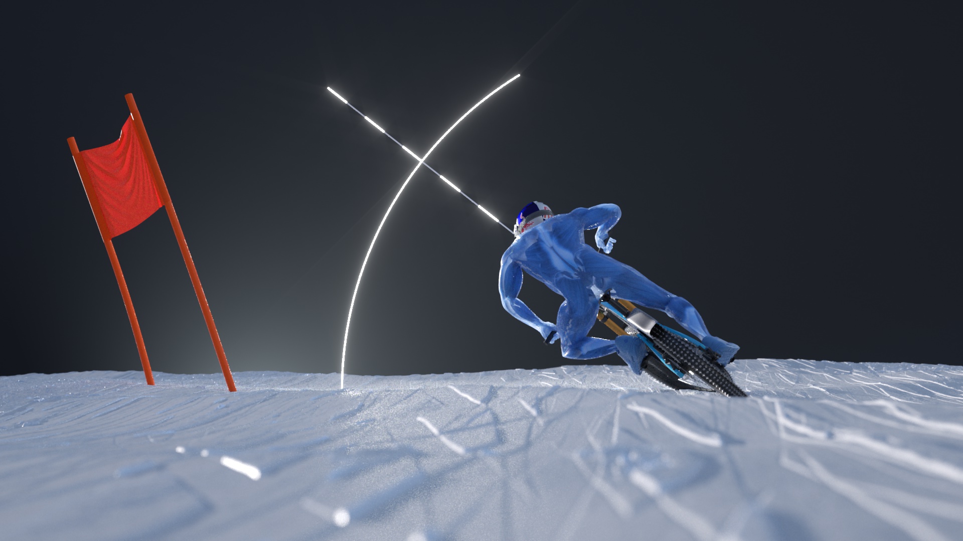 A person in a blue suit rides a bicycle along a snowy track at night. They lean into a turn near an orange flag, with illuminated lines crossing in the dark sky above. The scene is dramatic and dynamic, offering insight into the thrilling world of nighttime cycling adventures.