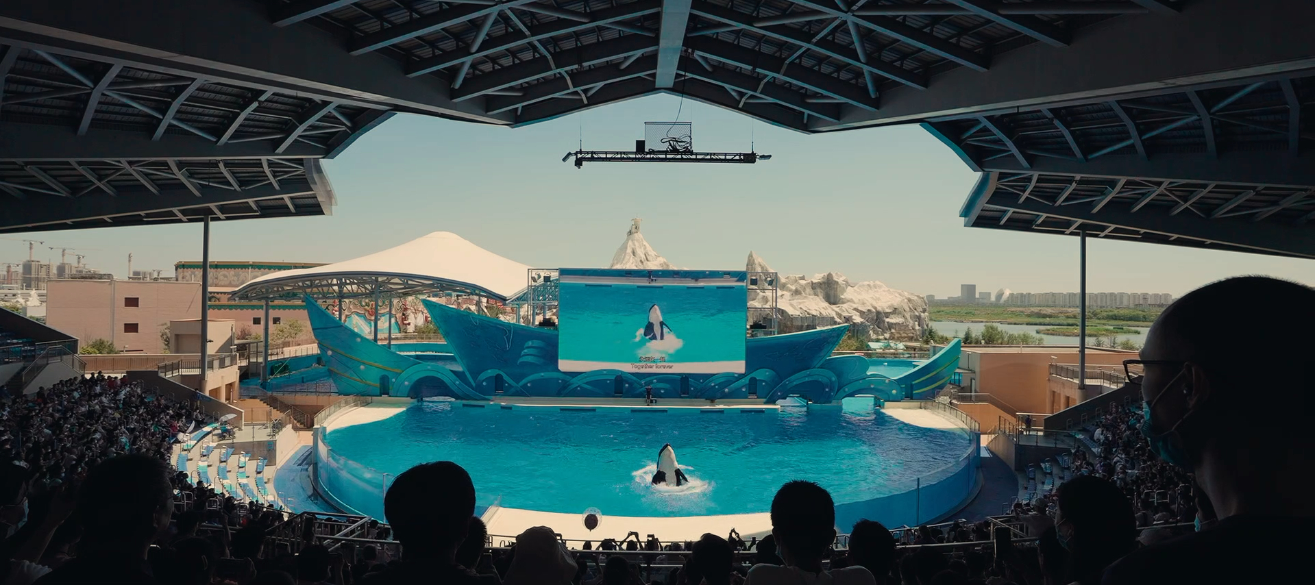 An indoor aquatic stadium captivates its audience as a majestic orca leaps from the large pool. A screen mirrors the thrilling scene, set against the backdrop of a theme park. The structure seamlessly opens to reveal a stunning cityscape in the distance.