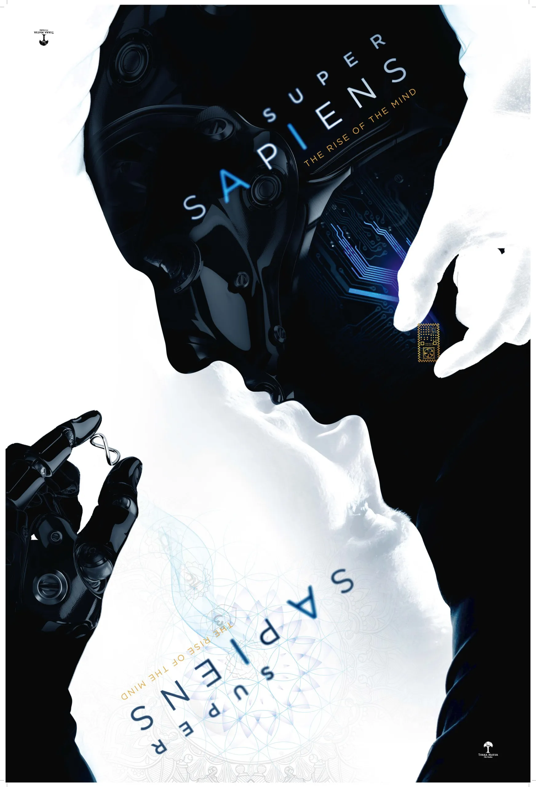 Futuristic artwork featuring a robotic and human face mirrored vertically, titled SuperSapiens: The Rise of the Mind. One face holds a small object near the mouth, while technical and abstract elements intertwine seamlessly, capturing the essence of evolving intelligence.