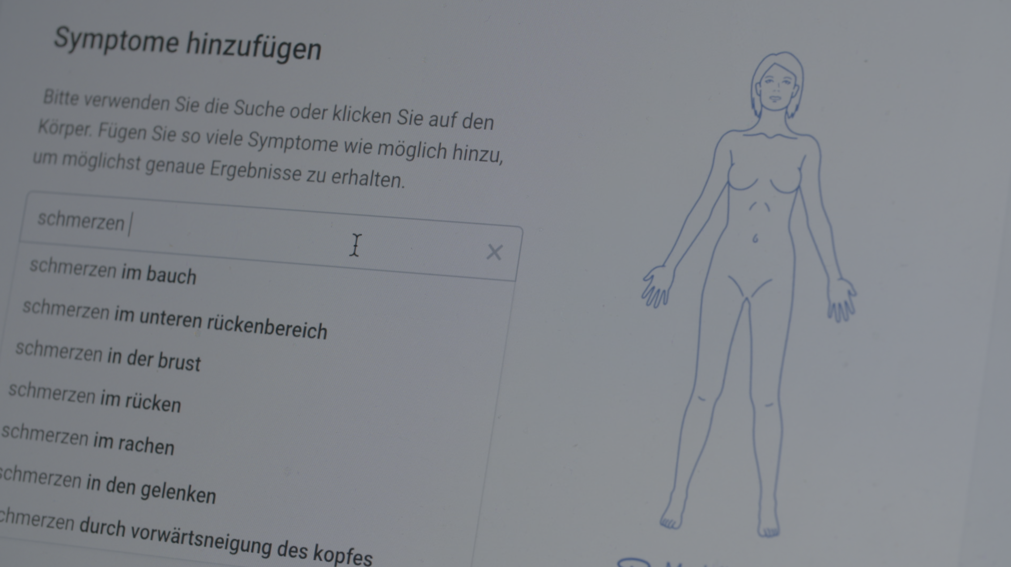 A computer screen showcases a German medical webpage, epitomizing Digital Health. On the left, a symptom search bar suggests terms like schmerzen im bauch (pain in the abdomen). On the right, an anatomical illustration of a woman enhances this virtual medicine experience.