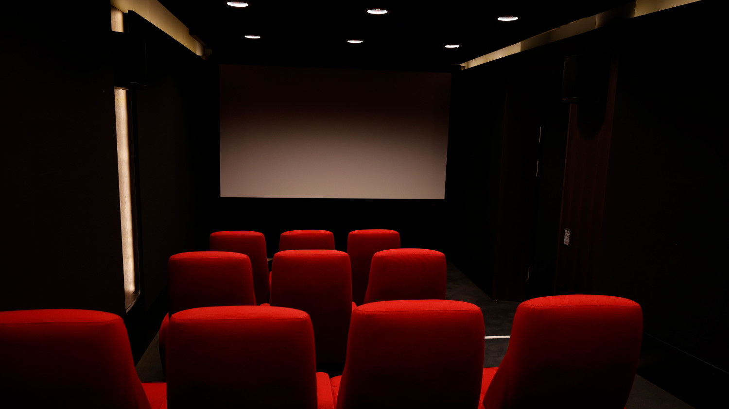 A small cinema room with red cushioned chairs facing a large blank screen. The room is dimly lit, and the ceiling has several round lights illuminating the dark walls and floor.