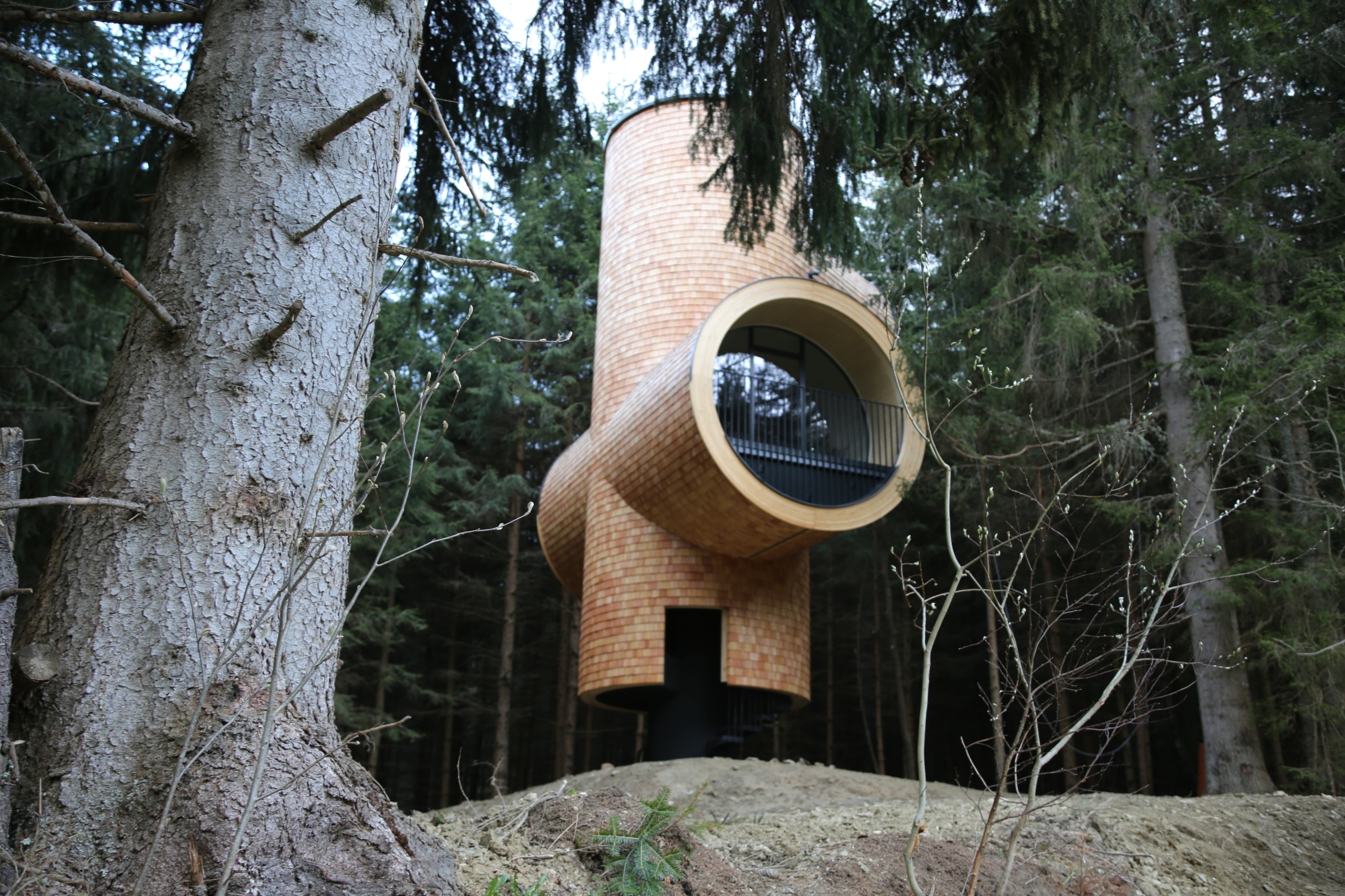 A unique cylindrical treehouse with brick exterior and circular glass window, elevated among dense forest trees. The structure stands on a single dark pillar, blending modern architecture with natural surroundings.