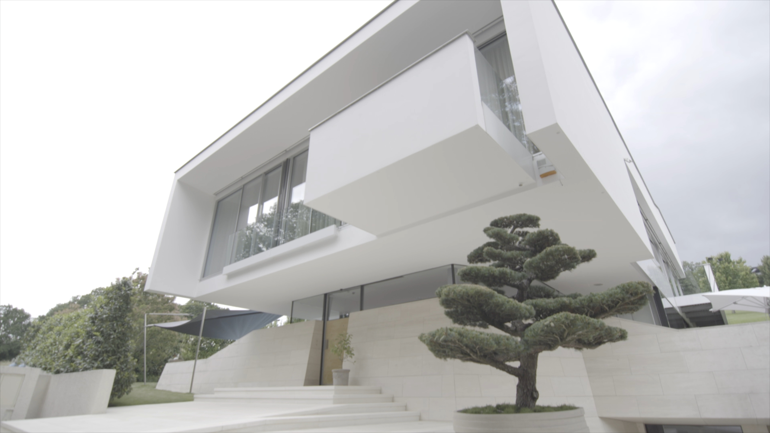 Modern white angular house with large windows, elevated above a smooth stone staircase. A sculpted tree is positioned in front, providing contrast against the sleek architectural lines.