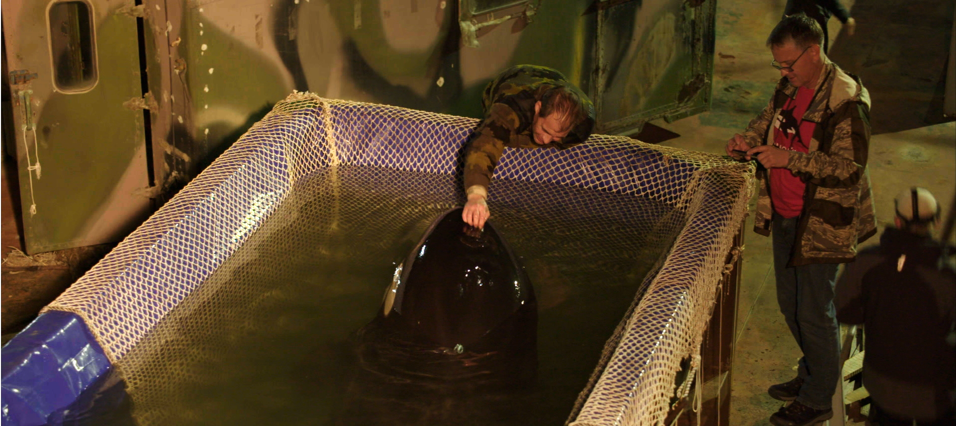 Two people lean over a large pool to interact with a playful black and white orca. One person gently touches the majestic creature, while the other stands nearby. The pool is surrounded by a netted barrier, ensuring a safe and intimate experience with the ocean's gentle giant.