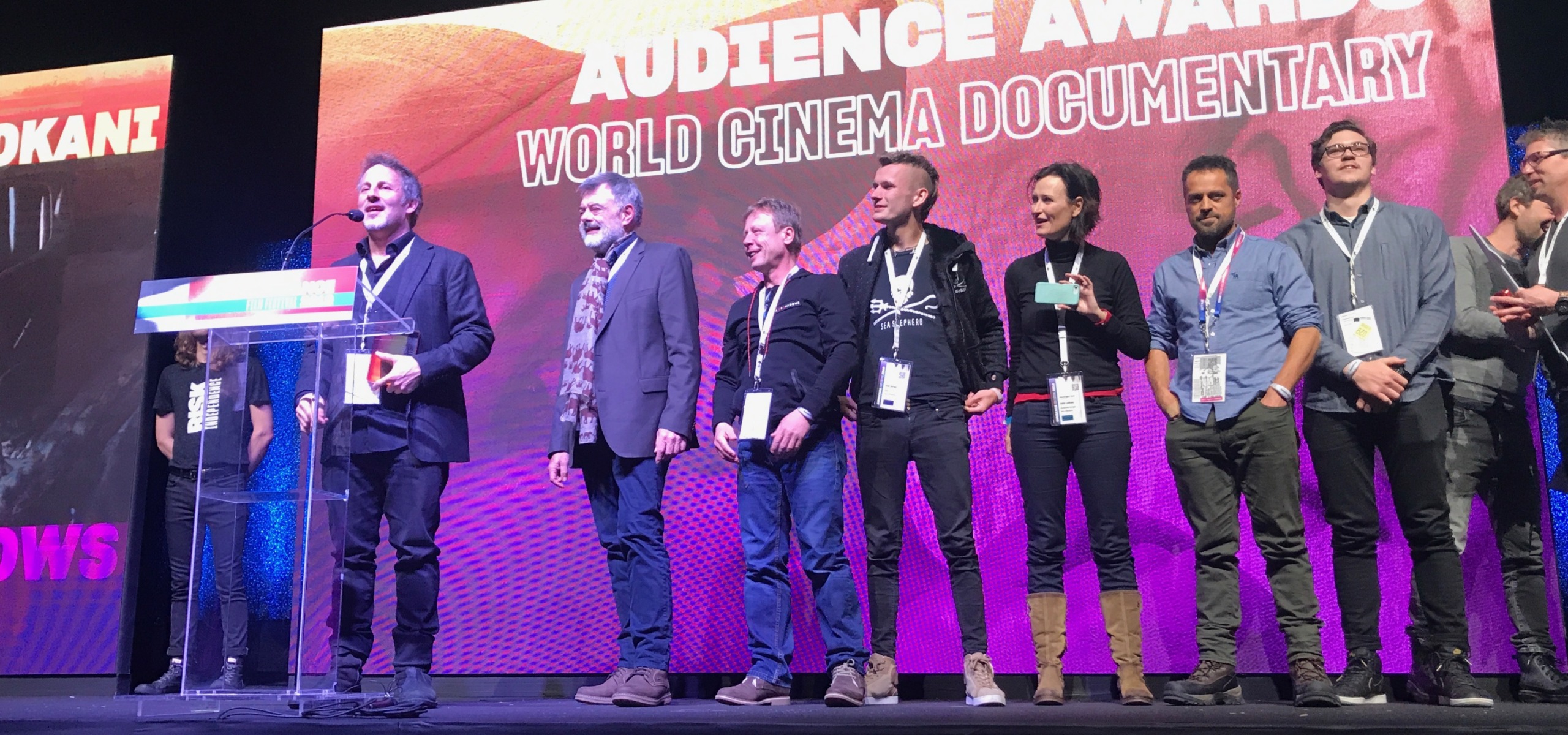 (L-R) Richard Ladkani, Walter Kohler, Wolfgang Knopfler, , Jack Hutton, Anita Ladkani, Andrea Crosta at the Award Ceremony during the 2019 Sundance Film Festival on February 2, 2019 in Park City, Utah.