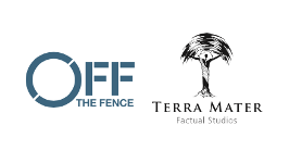 Logos of Off the Fence and Terra Mater Factual Studios side by side symbolize their collaboration. The Off the Fence logo features a stylized circular design, while Terra Mater includes a tree-like illustration, representing the synergy between these creative powerhouses.