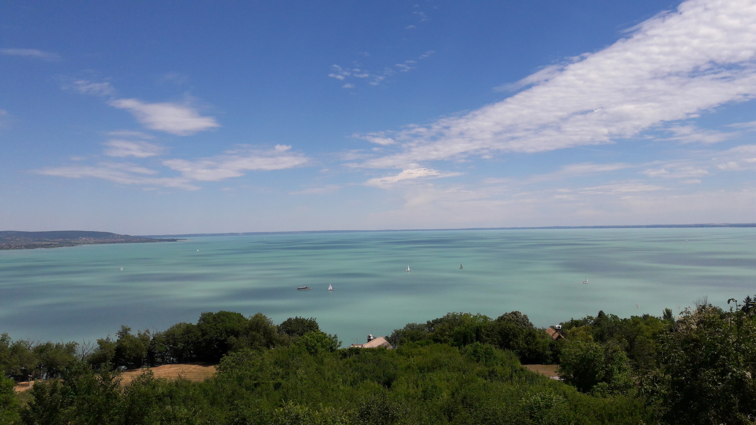 A scenic view of Lake Balaton under a clear blue sky with fluffy clouds. The water is calm, adorned with small boats and sailboats scattered across its surface. Green trees and bushes are visible in the foreground, enhancing the tranquil beauty of this vast Hungarian lake.