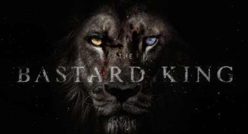 A dramatic image of a lion with heterochromatic eyes, one yellow and one blue, set against a dark background. The text "The Bastard King" is overlaid on the lion's face, earning an Honorable Mention at Jackson Wild for its striking visual success.