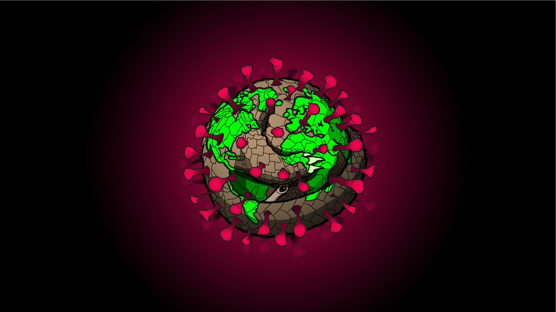 Illustration of a spherical corona virus with green land patterns resembling continents. Red spike-like protrusions adorn the surface, set against a dark background, creating an image reminiscent of a globe.