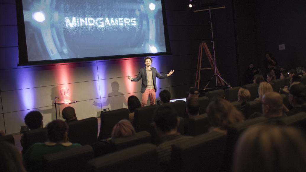 Guest speaker, Mikey Siegel speaks before the audience during the MindGamers: The Experience panel discussion at Red Bull HQ, in Santa Monica, CA, USA on 30 January, 2017.