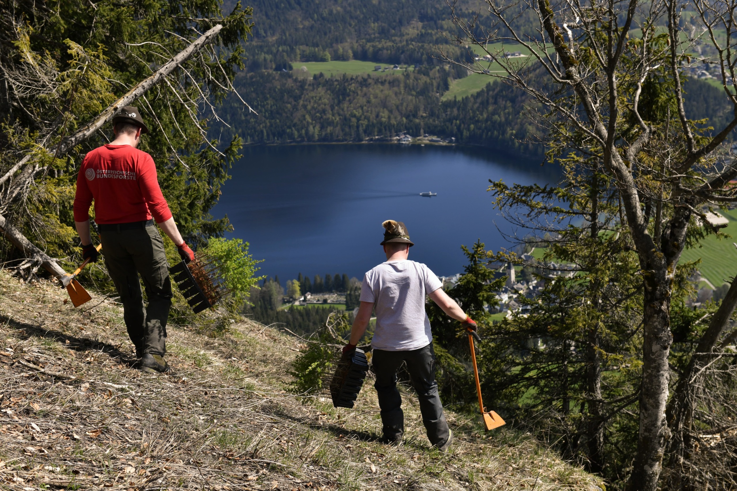 Two people carrying tools descend a grassy hillside towards a large, serene lake surrounded by scattered houses and forest reminiscent of the Alps. The sunlit scene is mountain-like, with trees partially framing the picturesque view.