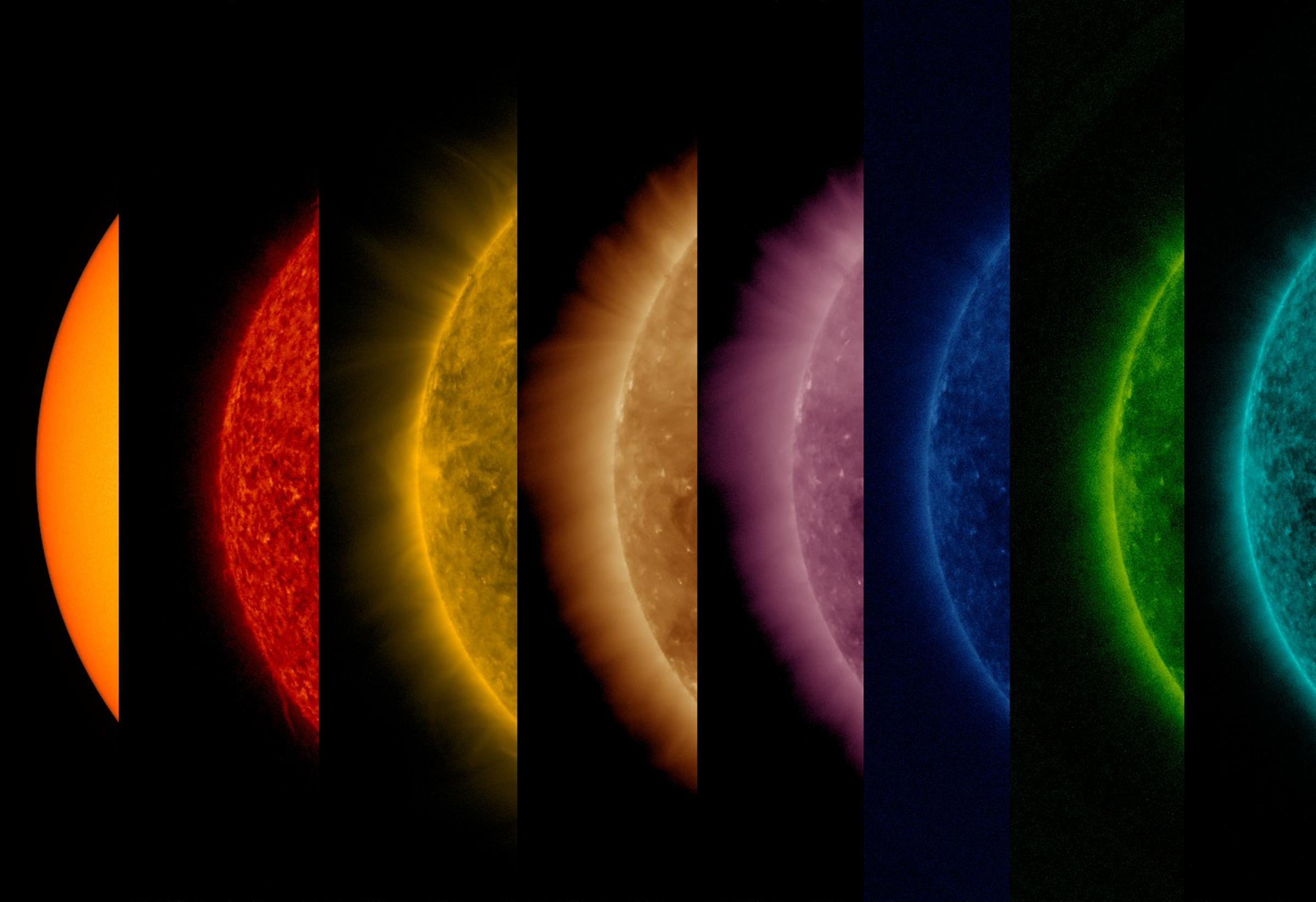 A composite image reveals six slices of the sun, an inferno of colors from orange to red, yellow, brown, purple, blue, and green against a black sky. This vibrant spectrum highlights various solar features and textures.