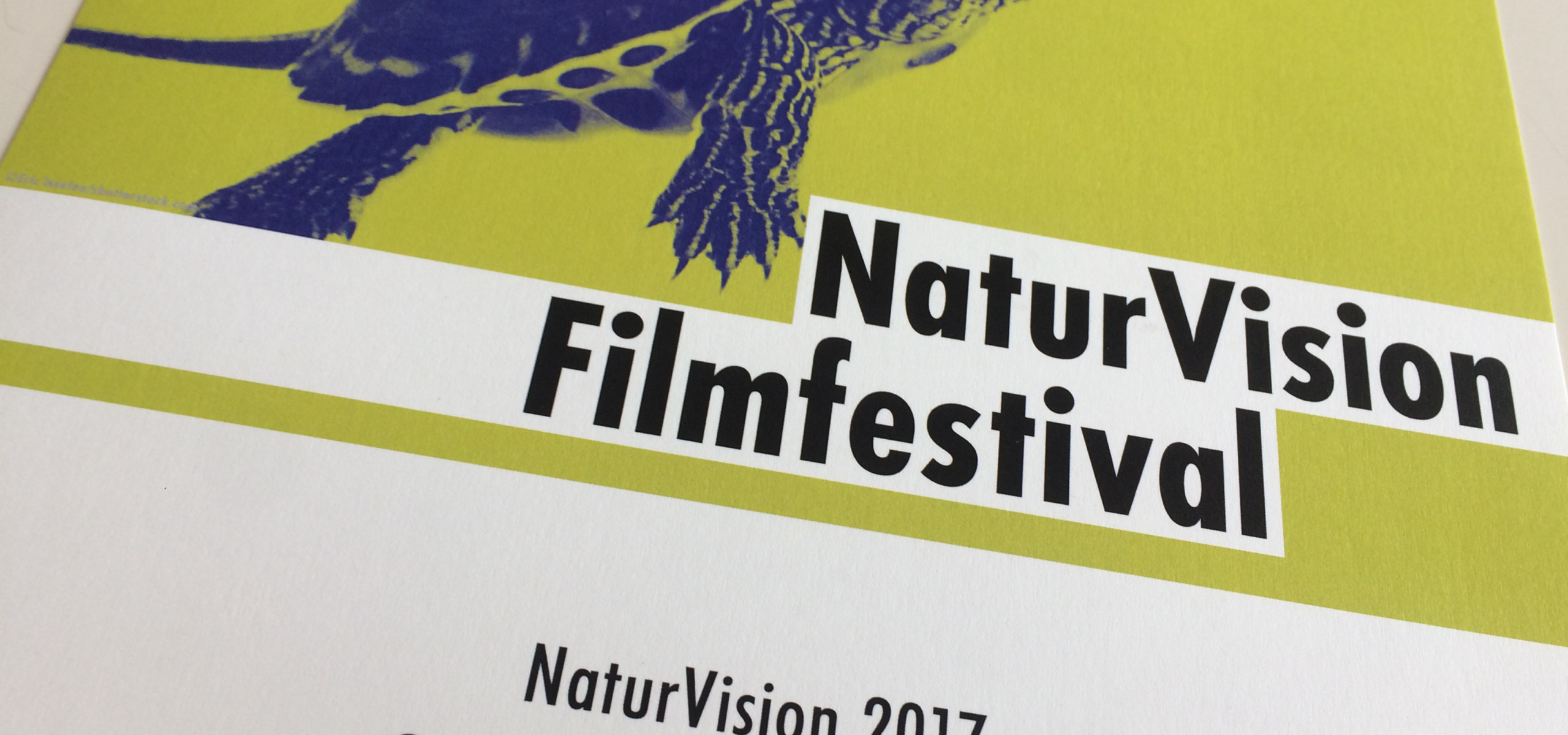 A program cover for the NaturVision Film Festival features a striking image of a turtle against a vibrant yellow background. The text reads: "NaturVision Filmfestival" and "2017 Special Prize - Islands in Time.