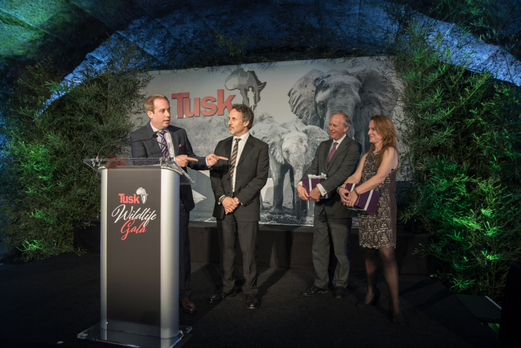 Directors Kief Davidson and Richard Ladkani on the stageof The Tusk Wildlife Gala 2017 in NYC, next to Charlie Mayhew, Ellen O’Connell © Tusk Wildlife Gala 2017