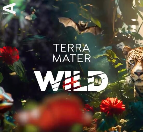 The Terra Mater Wild poster showcases lush jungle foliage adorned with red flowers. A stealthy jaguar peeks through the leaves on the right, while a bat gracefully flies above. "Terra Mater Wild" is prominently displayed at the center, capturing the essence of untamed nature.