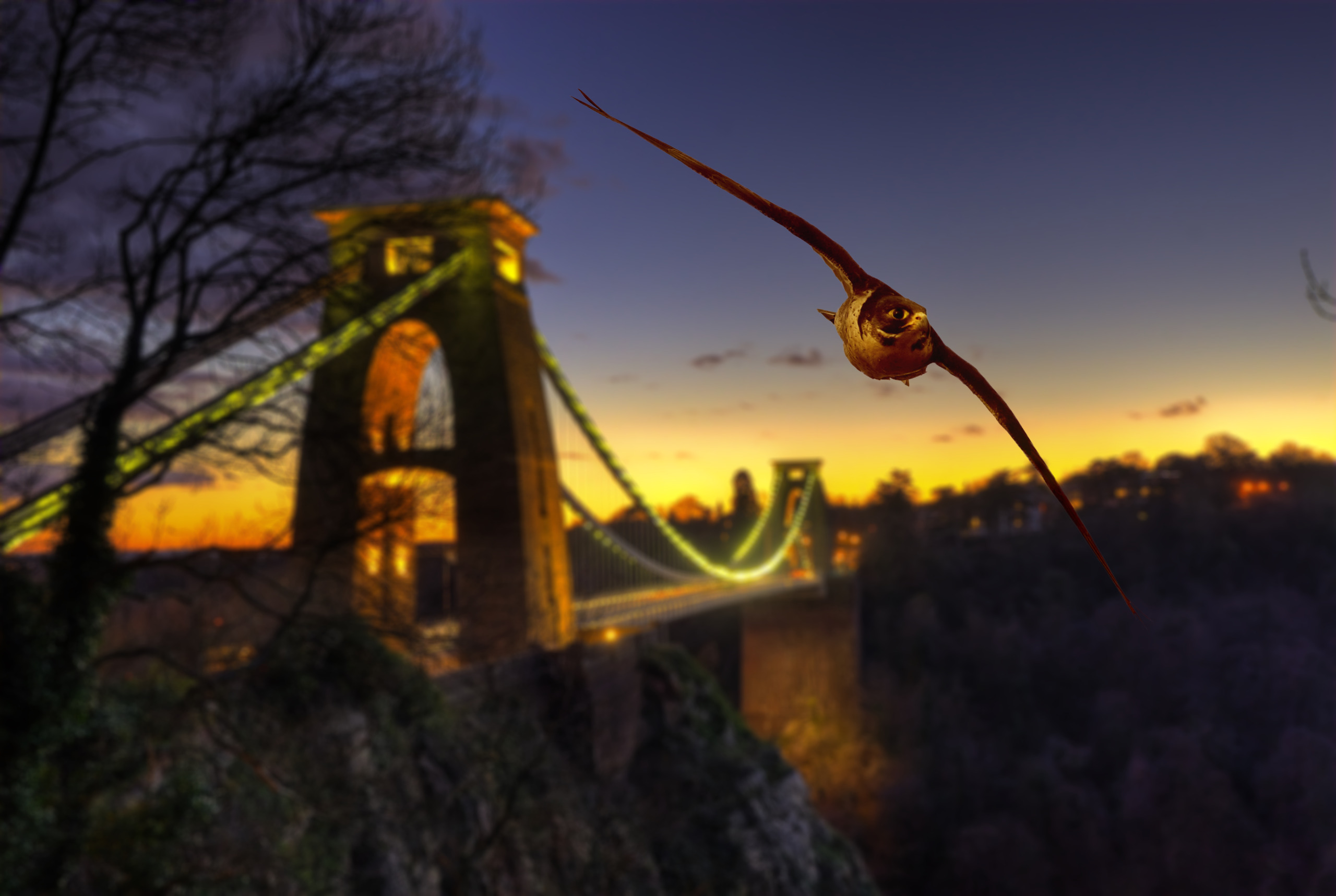 An owl in flight during twilight above a forested area, gliding with an almost supernatural grace, as if guided by the forces of Unnatural Selection. In the background, a brightly lit suspension bridge arches against a colorful sunset sky.