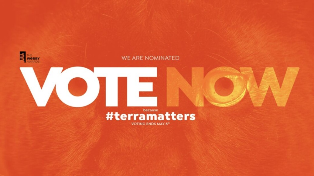 Orange background with bold white and orange text: “We are nominated for the Webby Award, VOTE NOW because #terramatters.” The Webby Awards logo is in the top left corner and “Voting ends May 6th” is in smaller text below.