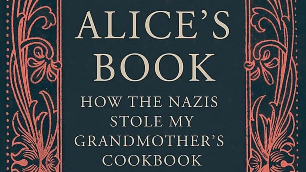 Cover of Alice’s Book: How the Nazis Stole My Grandmother’s Cookbook. The title, linked to film rights interest from TERRA MATER STUDIOS, is centered with ornate red floral patterns on a dark blue background.