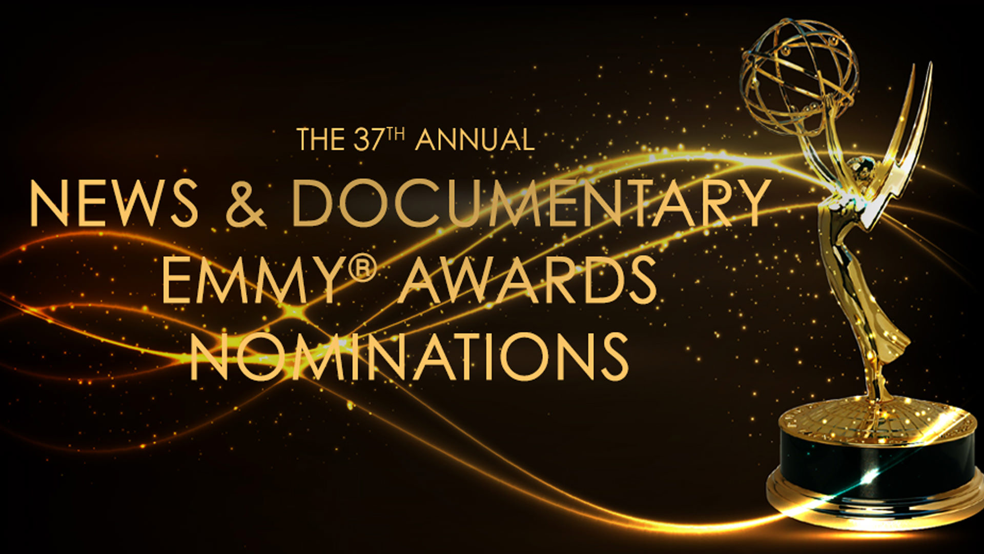 Golden Emmy Award statue with glowing swirl and text: TMFS celebrates its Five News & Documentary Emmy® Awards Nominations at the 37th Annual ceremony on a dark background.