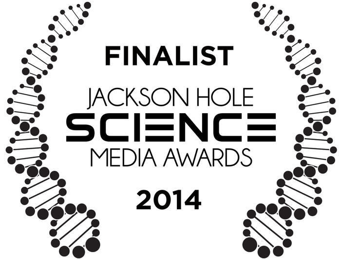 Logo for the Jackson Hole Science Media Awards 2014, presented by Terra Mater Factual Studios. The word FINALIST is elegantly displayed above, with two DNA strand graphics gracefully forming a laurel wreath on either side.