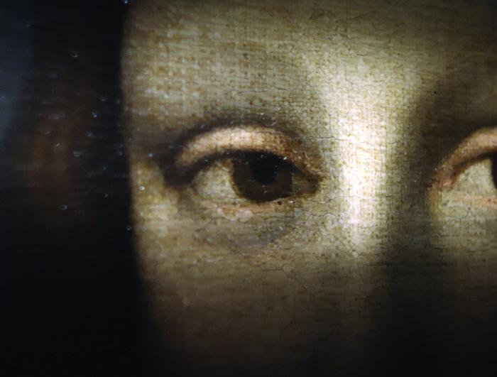 Close-up of a painting focusing on the eyes of a person, reminiscent of Terra Mater productions. The image shows intricate details, highlighting the texture and subtle shading around the eyes, suggesting age and artistry in the brushwork. The background is dark, emphasizing the eyes.