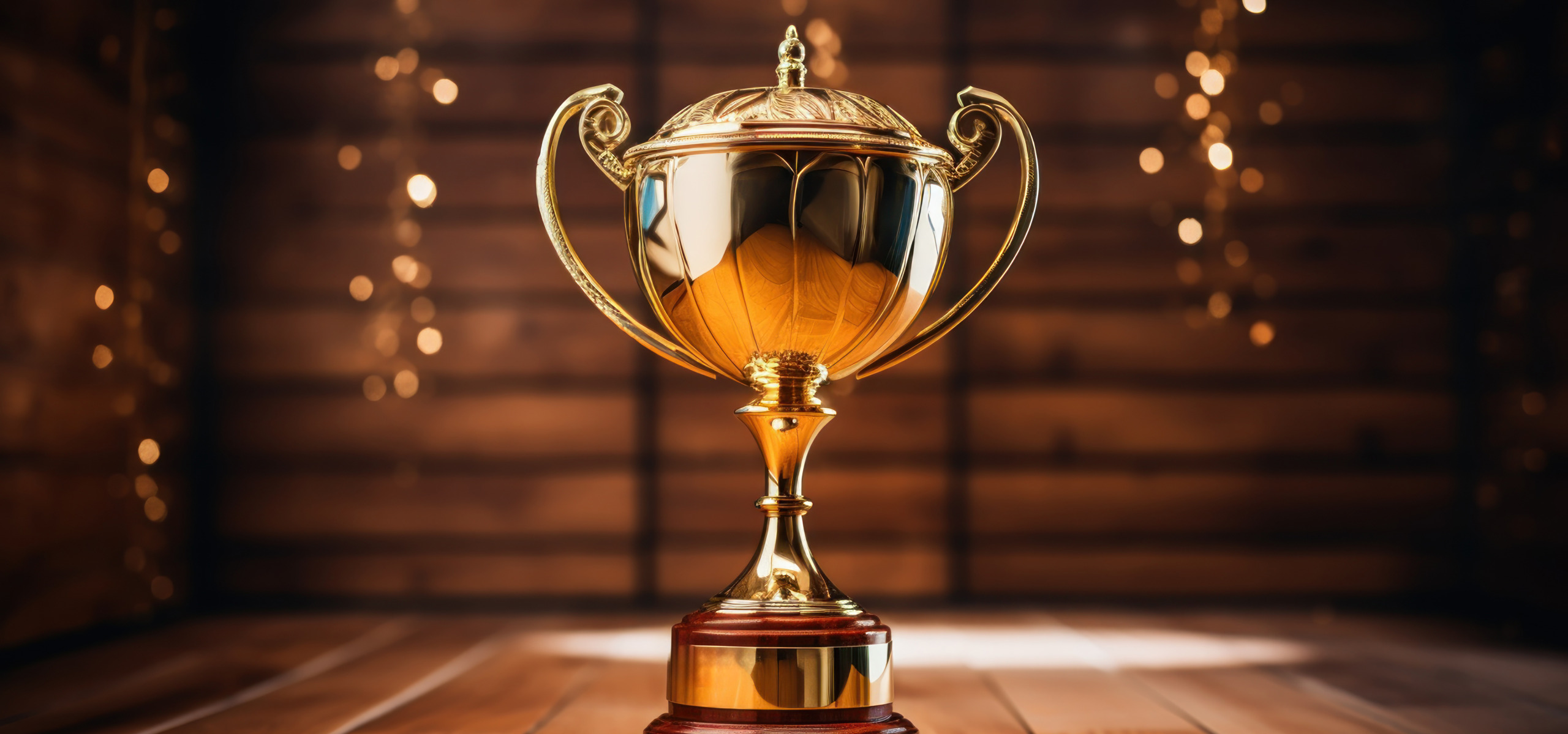 A shiny gold trophy with ornate handles sits on a wooden table, gleaming like the ultimate prize. The background is softly blurred with warm glowing lights and wooden paneling, creating a celebratory and elegant ambiance reminiscent of grand festival news.