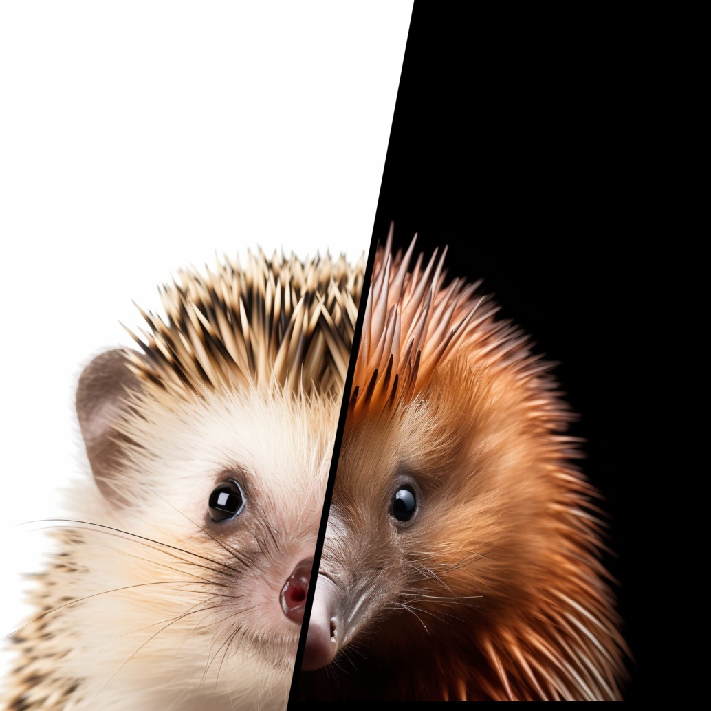 An image split down the middle cleverly juxtaposes the same scene with different elements: the left half features a hedgehog against a white background, while the right half showcases a porcupine against a black backdrop.