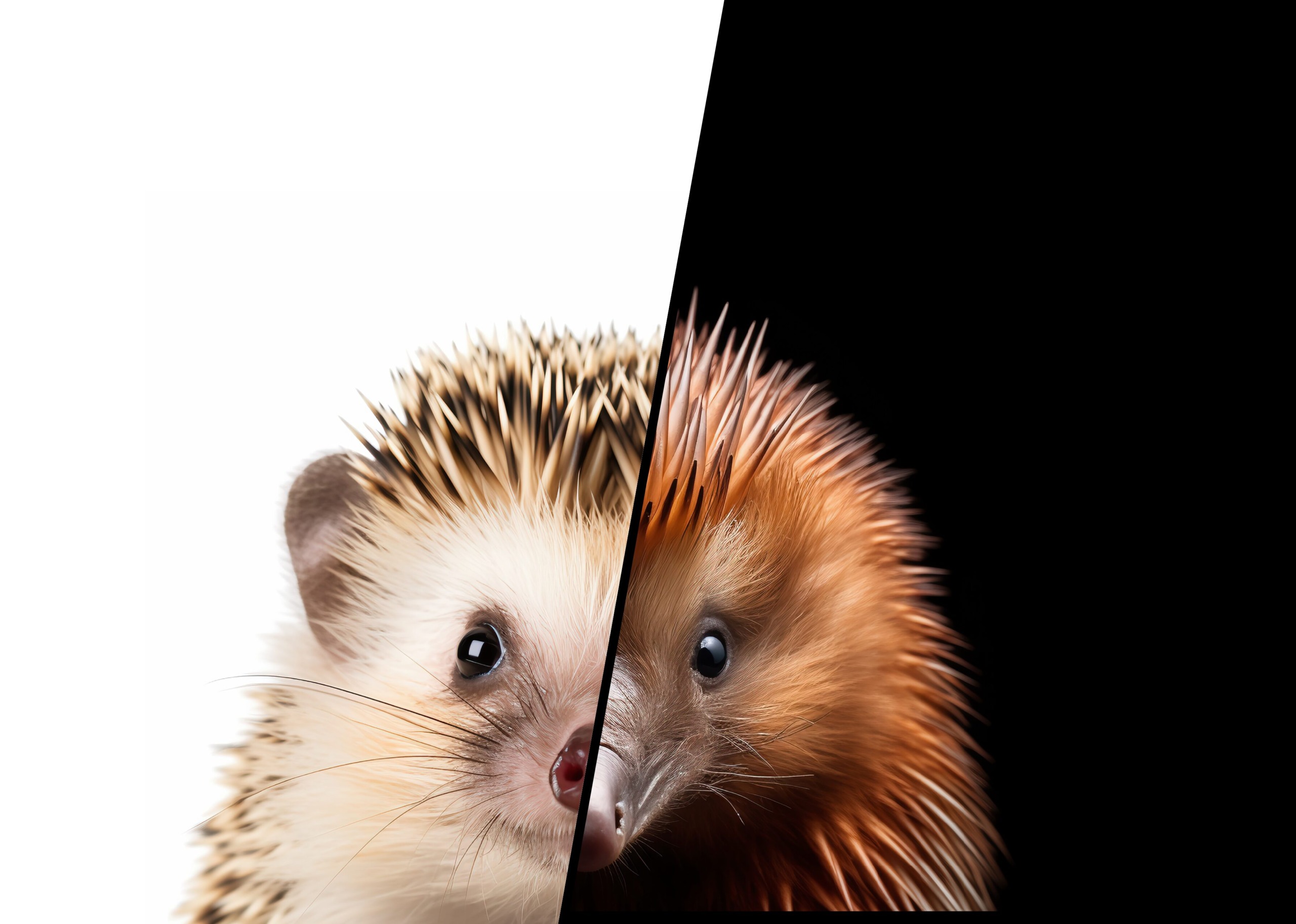 An image split down the middle cleverly juxtaposes the same scene with different elements: the left half features a hedgehog against a white background, while the right half showcases a porcupine against a black backdrop.