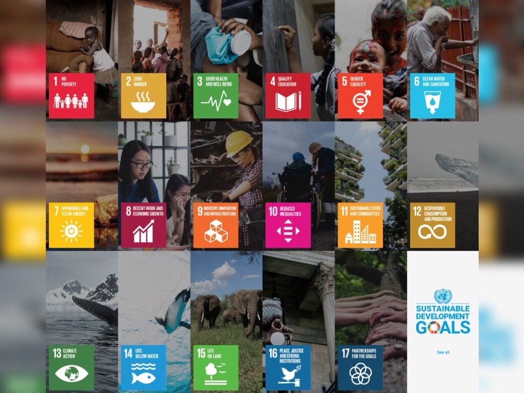 A grid image showcases icons and photos embodying the 17 UN Sustainable Development Goals, such as poverty eradication, education, gender equality, and green producing initiatives like clean water and climate action. The logo and goals list reside at the bottom right.