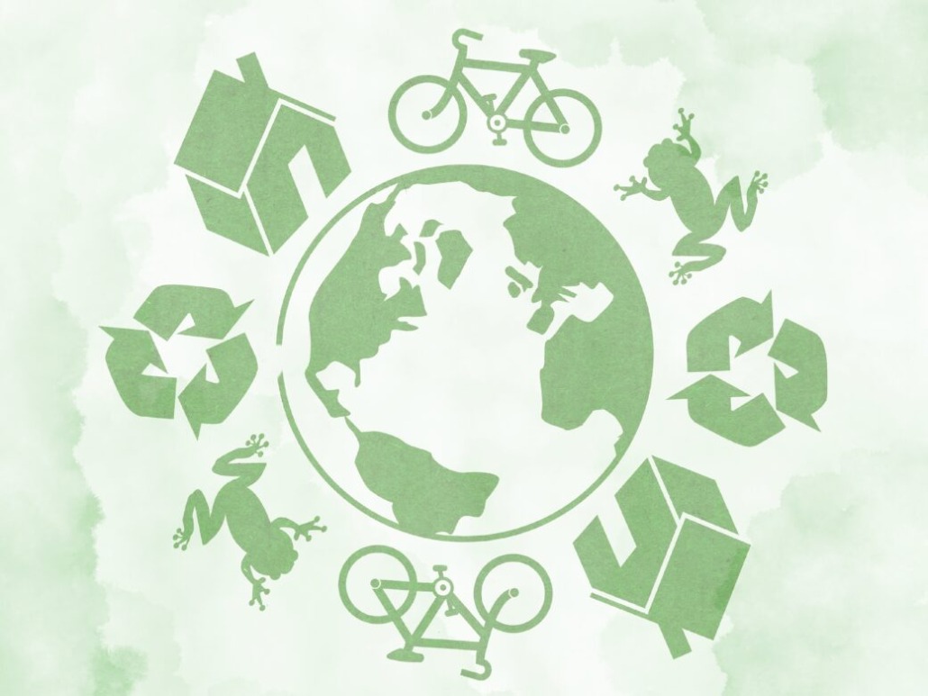 Illustration of Earth at the center, encircled by icons of bicycles, frogs, houses, and recycling symbols. The design is in green on a light green background, emphasizing themes of eco-friendly living and green producing for environmental sustainability.